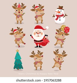 Merry Christmas and happy new year greeting card with cute Santa Claus, deer, snowman and tree. Holiday cartoon character in winter season. -Vector