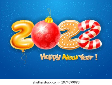 Merry Christmas and Happy New Year 2022 greeting with digits 2022 which are made of golden foil balloon, red christmas ball, gingerbread, candy cane. Blue snowy background. Vector illustration.