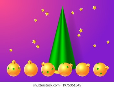 Merry Christmas and Happy New Year illustration. Winter holiday vector illustration. Christmas trees and golden decor. Festive composition with realistic 3D objects