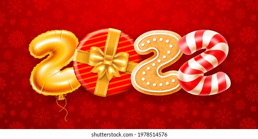 Merry Christmas And Happy New Year 2022. Creative Greeting With Digits 2022 Which Are Made Of Golden Foil Balloon, Circle Gift Box With Golden Bow, Gingerbread And Candy Cane. Vector Illustration.