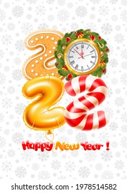 Merry Christmas and Happy New Year 2022. Digits 2022 made of golden foil balloon, clock showing midnight and decorated spruce wreath, gingerbread, candy cane. Snowflakes on white background. Vector.