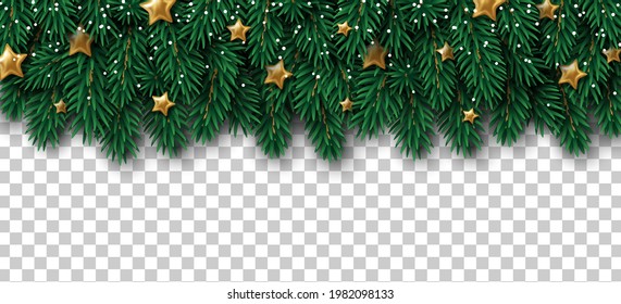 Merry Christmas and Happy New Year winter border with pine tree branches, golden glitter stars and snow on transparent background. Vector illustration. Xmas frame element for card, poster, banner.