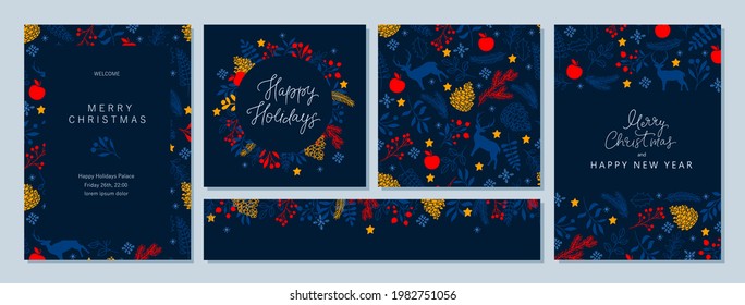 Merry Christmas and Happy New Year holiday cards collection, seamless pattern. Floral, botanical design with deer and winter plants, deer. Frames, place for greetings. Christmas lettering.