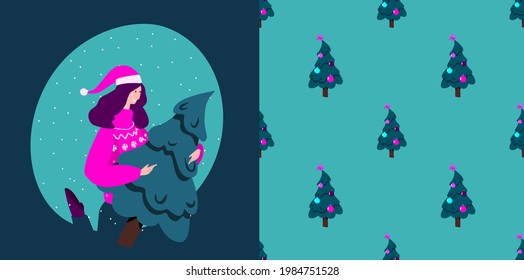 Merry Christmas and Happy New Year Winter Holidays.Festive Endless Pattern.Decorated Christmas Fir Tree Wrapping Paper. Smiling Girl.Fairy Snowing Congratulative Card. Cartoon Flat Vector Illustration