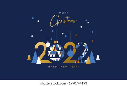 Merry Christmas and Happy New Year banner, greeting card, poster, holiday cover. Modern Xmas design in geometric style with triangle pattern, Christmas tree, ball, snow and 2022 number on night blue 