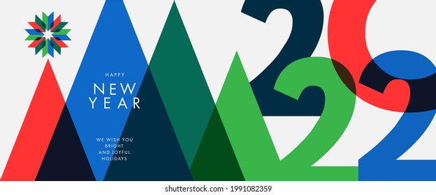 Merry Christmas and Happy New Year 2022 background, greeting card, poster, holiday cover. Xmas design template with typography and season wishes in modern minimalist style for web, social media, print