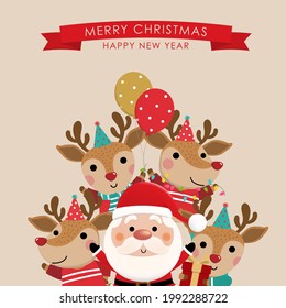 Merry Christmas and happy new year greeting card with cute Santa Claus, deer and tree. Holiday cartoon character in winter season. -Vector