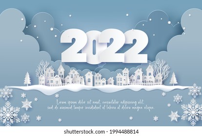 
Merry Christmas and Happy New Year 2022 , Countryside Village in winter paper collage and paper cut style with digital craft .
