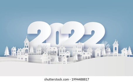 
Merry Christmas and Happy New Year 2022 , Countryside Village in winter paper collage and paper cut style with digital craft .
