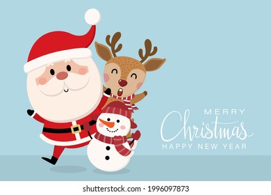 Feliz Navidad y feliz tarjeta de saludo de año nuevo con el lindo Santa Claus, ciervo y muñeco de nieve. Caricatura de vacaciones en invierno. -Vector.