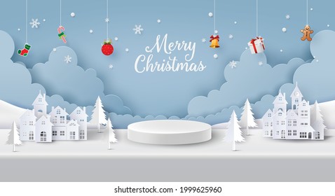 Merry Christmas and Happy New Year ,Blank cylinder podium in the middle Countryside Village in winter,
 paper collage and paper cut style with digital craft .
Blank cylinder podium in the middle