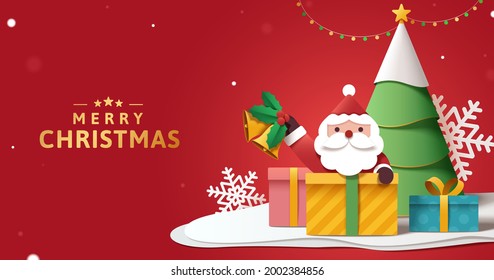 Merry Christmas and happy New Year banner in 3d paper art. Cute Santa Claus hiding behind gift boxes and ringing a bell.