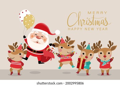 Merry Christmas and happy new year greeting card with cute Santa Claus and deer. Holiday cartoon character in winter season. -Vector