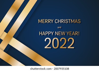 Merry Christmas and Happy New Year 2022 dark blue gold poster, banner or greeting card vector graphic design. Holiday 2022 business style x-mas and New Year greeting card template. 