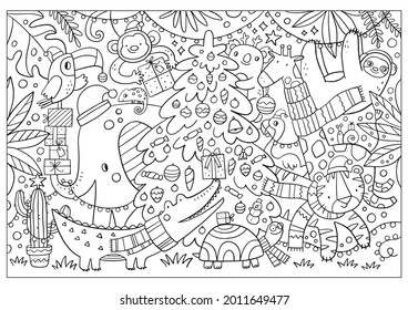 Merry Christmas and Happy New Year 2022 Coloring poster. African animals coloring page in doodle style - Elephant, tiger, crocodile, toucan, flamingo, chameleon, koala, giraffe, sloth, monkey, turtle.