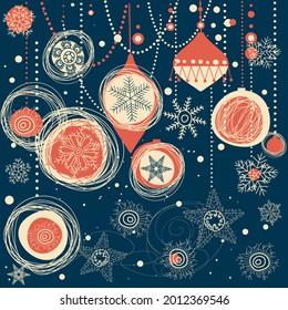 Merry Christmas, Happy New Year greeting card.  Doodle winter pattern. Vector illustration.