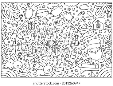 Merry Christmas and Happy New Year 2022 Coloring poster. Santa with a bag of gifts - coloring page in doodle style 