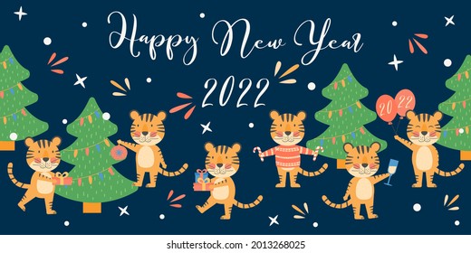 Merry Christmas and Happy New Year banner. Greating card or poster with cute tigers, symbol 2022, year mascot. Holiday winter concept with vector character