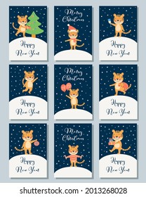 Merry Christmas and Happy New Year greeting cards set. Banners with cute tiger, symbol 2022, year mascot. Holiday winter concept with vector character