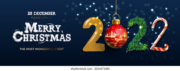 Merry Christmas and Happy New Year 2022 banner, Xmas festive decoration. Horizontal Christmas posters, cards, headers, website. Vector illustration