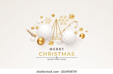 Merry Christmas and Happy New Year Background. Gold and White 3d objects holidays composition. Christmas tree, Christmas decorations, snowflakes and stars. Vector illustration EPS10