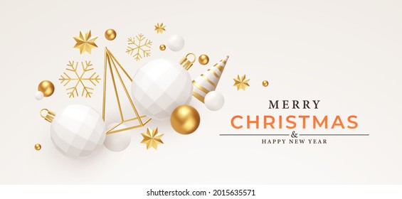 Merry Christmas and Happy New Year Background. Gold and White 3d objects holidays composition. Christmas tree, Christmas decorations, snowflakes and stars. Vector illustration EPS10