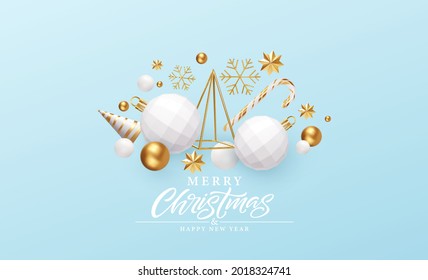 Merry Christmas and Happy New Year Background. Gold and White 3d objects holidays composition. Christmas tree, Christmas decorations, snowflakes and stars. Vector illustration EPS10