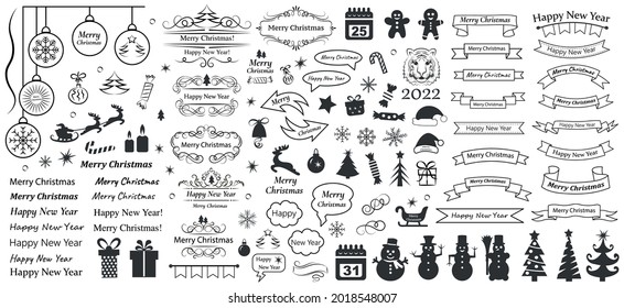 Merry Christmas. Happy New Year. Calligraphy design elements . Decorative swirls or scrolls, icons, vintage frames , flourishes, labels and dividers. Retro vector illustration.