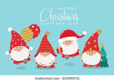 Merry Christmas and happy new year greeting card with cute gnomes wear Santa Claus hat. Holiday cartoon character in winter season. -Vector.