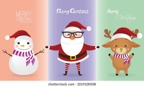 Merry Christmas and happy new year with cute Santa Claus, reindeer, and snowman, Christmas background. Holidays cartoon character vector 