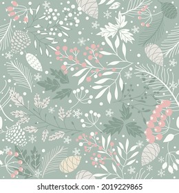 Merry Christmas, Happy New Year seamless pattern with fir cone, holly leaves and berries for greeting cards, wrapping papers. Seamless winter pattern. Vector illustration.