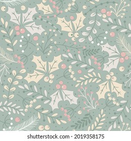 Merry Christmas, Happy New Year seamless pattern with holly leaves and berries for greeting cards, wrapping paper. Seamless winter pattern. Vector illustration.