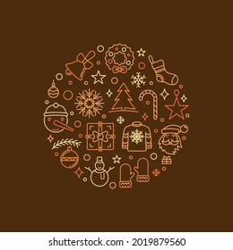 Merry Christmas and Happy New Year circular vector colored linear illustration. Xmas Holidays concept round outline banner 