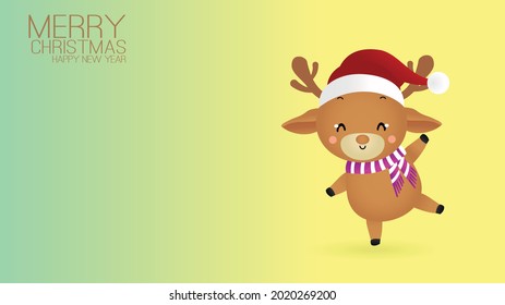 Merry Christmas and happy new year Card with cute reindeer and paper space. Holidays cartoon character vector. 