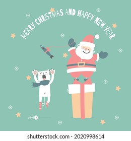merry christmas and happy new year with cute santa claus and white cat in the winter season green background, flat vector illustration cartoon character costume design
