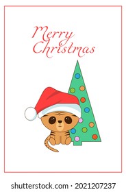 Merry Christmas and Happy New Year card. Sitting tiger in red Santa hat.