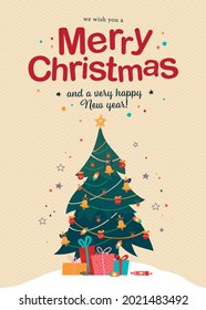 Merry Christmas and Happy New year congratulation card with text congratulation and pile of gifts and candy at decorated fir tree. Vector flat illustration for banner, invitation, package, flayer, web