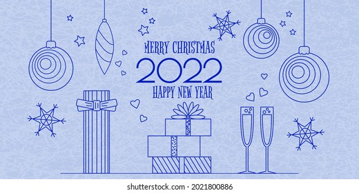 Merry Christmas and Happy New Year 2022. Vector illustration with the image of Christmas balls, gifts, champagne glasses, numbers and congratulations on a light background. Style of minimalism outline