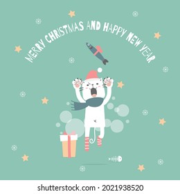 merry christmas and happy new year with cute white cat in the winter season green background, flat vector illustration cartoon character costume design