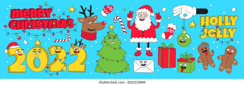 Feliz Navidad y Feliz Año Nuevo. Paquete de stickers de personajes y elementos de dibujos animados. Conjunto de ilustraciones de historietas vectoriales con renos, Santa Claus, árbol de Navidad, regalos con estilo de caricatura raro de moda.