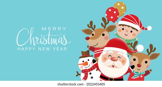 Merry Christmas and happy new year 2023 greeting card with cute Santa Claus, little elf, snowman and deer. Holiday cartoon character in winter season. -Vector