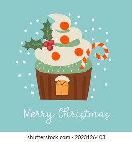 Merry Christmas and Happy New Year. Vector illustration with cute sweets. A template for a greeting card, a Christmas poster.