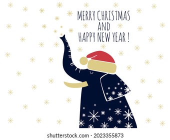 Merry Christmas and Happy New Year with Elephant in santas hat. Concept Christmas card in flat design vector illustration.  