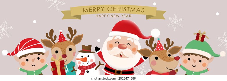 Feliz Navidad y feliz año nuevo 2022 tarjeta de saludo con el lindo Santa Claus, pequeño elfo, muñeco de nieve y ciervo. Caricatura de vacaciones en invierno. -Vector