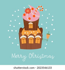 Merry Christmas and Happy New Year. Vector illustration with cute sweets. A template for a greeting card, a Christmas poster.