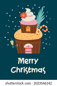 Merry Christmas and Happy New Year. Vector illustration with cute sweets. A template for a greeting card, a Christmas poster.