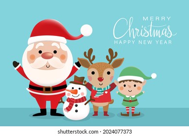 Feliz Navidad y feliz año nuevo 2022 tarjeta de saludo con el lindo Santa Claus, pequeño elfo, muñeco de nieve y ciervo. Caricatura de vacaciones en invierno. -Vector