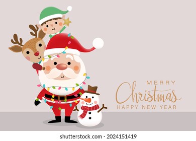 Merry Christmas and happy new year 2022 greeting card with cute Santa Claus, little elf, snowman and deer. Holiday cartoon character in winter season. -Vector