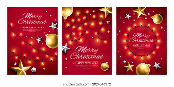 Merry christmas and happy new year poster set. Realistic christmas tree toy balls, stars and glowing garland for winter invitation, present cards vector design. Xmas vertical red banners set.
