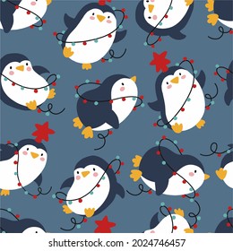 Merry Christmas and Happy New Year vector seamless pattern with cute cartoon penguin and christmas garland.